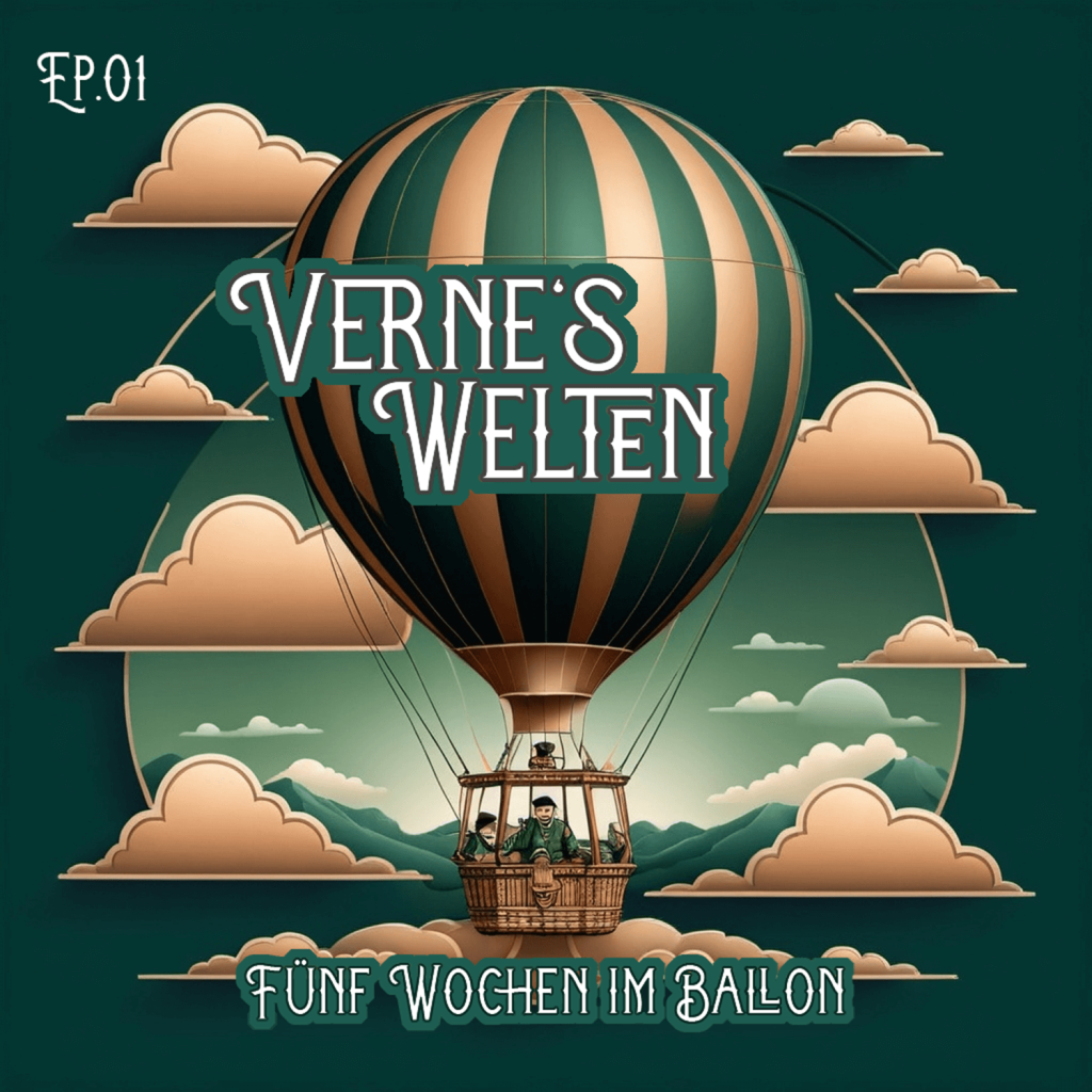 Verne's Welten Folge 01 - Episodentitel zu "Fünf Wochen im Ballon" Drei Personen in einem Ballon fliegen durch die Wolken. Im Hintergrund sind Berge zu sehen.