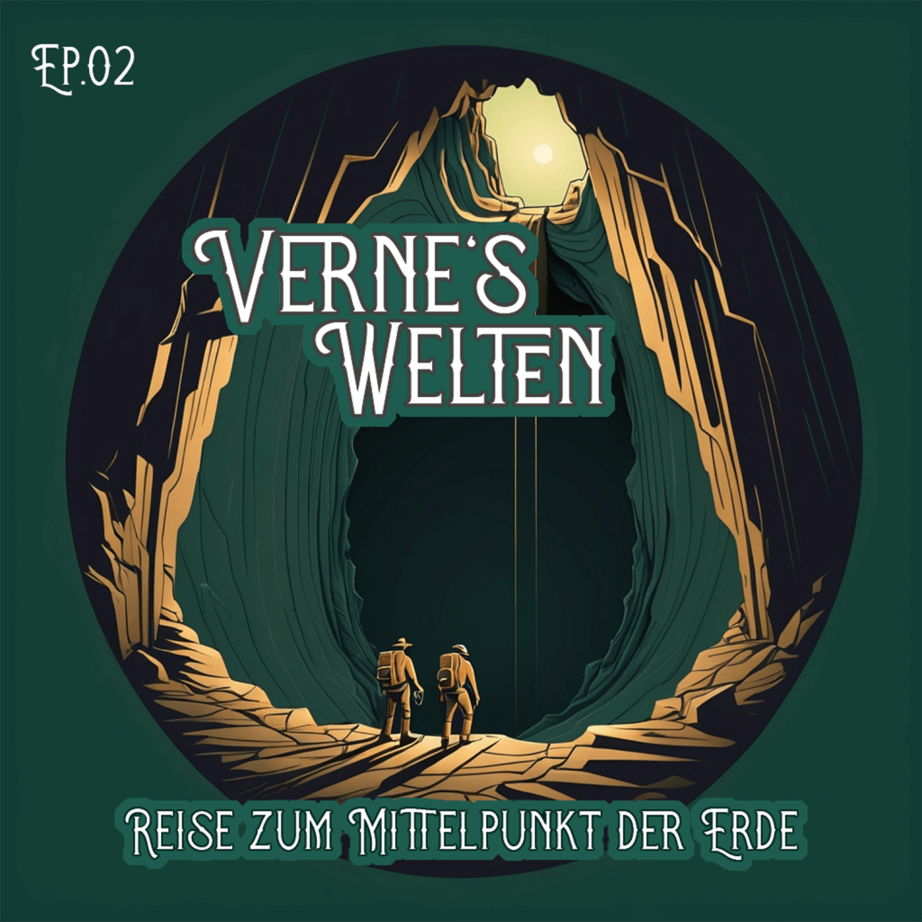 Verne's Welten Folge 02 - Episodentitel zu "Reise zum Mittelpunkt der Erde" Zwei Forscher stehen in einer Höhle vor einem dunklen Schacht und schauen in die Tiefe. Die Sonne ist durch eine Öffnung hoch oben am Höhlendach zu sehen. Ein Wasserfall ergießt sich in die Höhle.